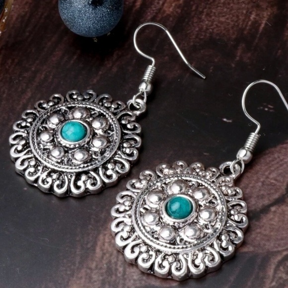 Any 2/$20! Silver Dimpled Boho Turquoise Drop Earrings - Picture 3 of 6